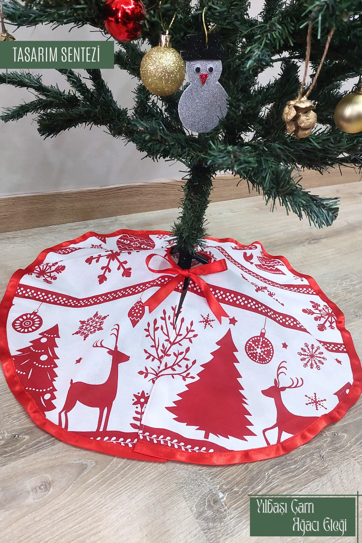 Yılbaşı Çam Ağacı Eteği Örtüsü Christmas Kırmızı Geyikli