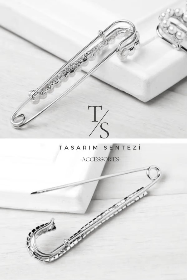 Broş Metal Çengelli iğne Silver Taşlı Yaka iğnesi
