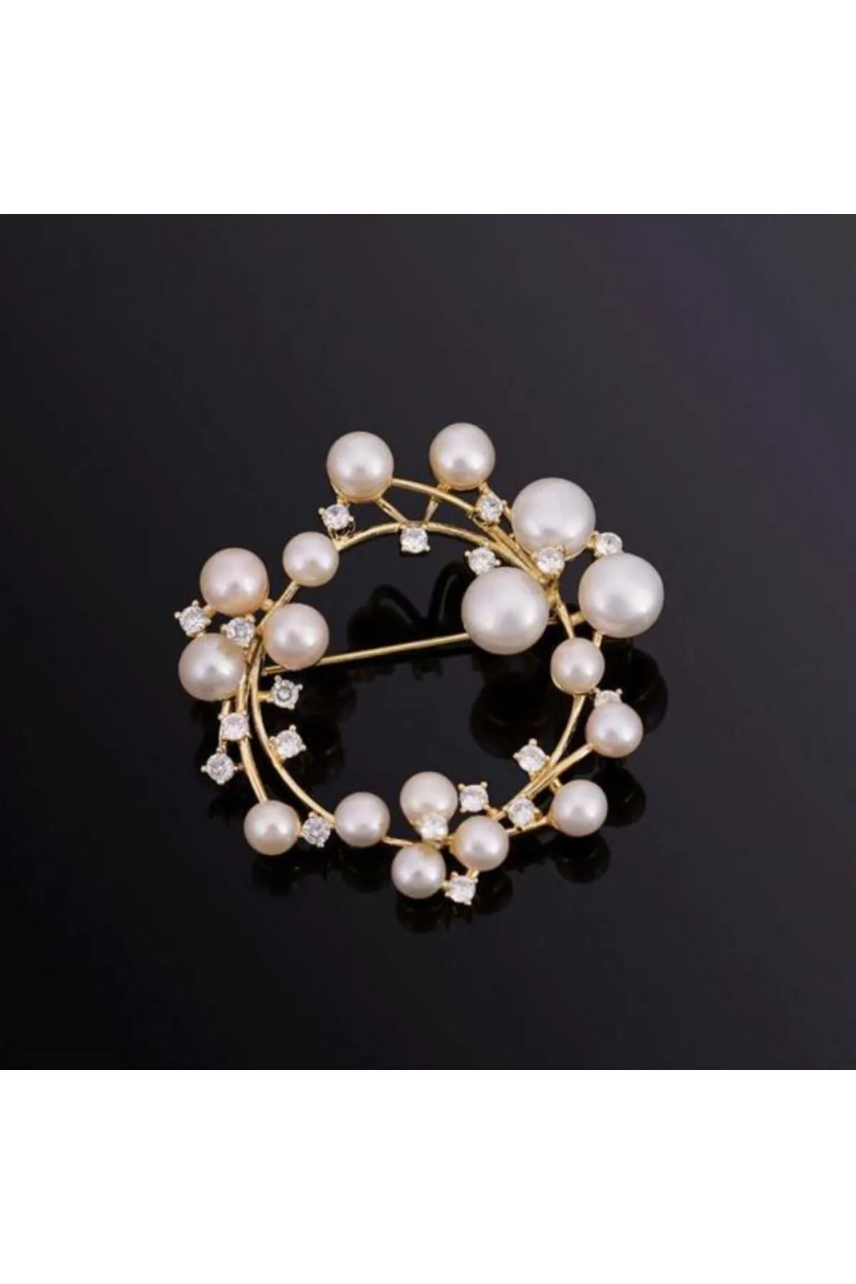 Broş Metal Yuvarlak Halka Dal Taşlı İncili