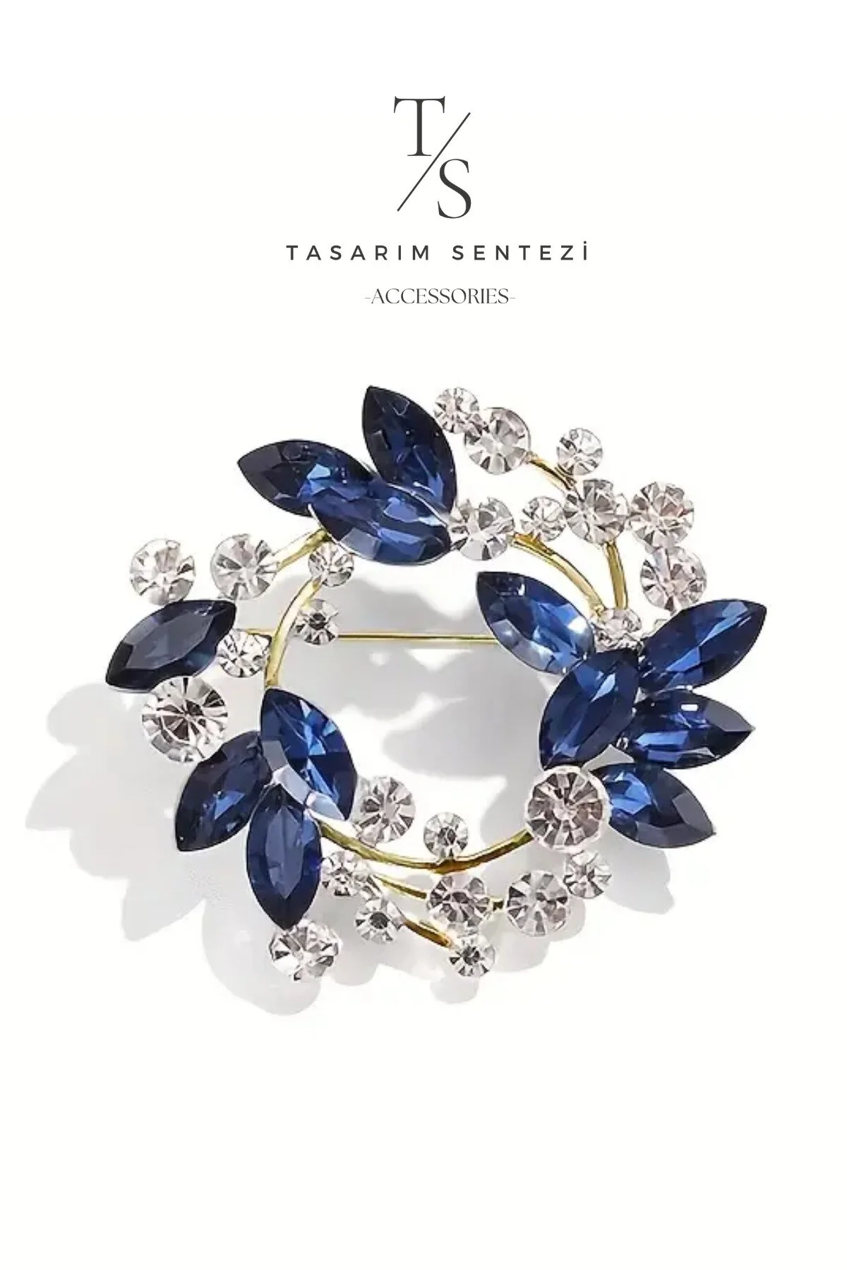 Brooch Metal Round Wreath with Blue Stone