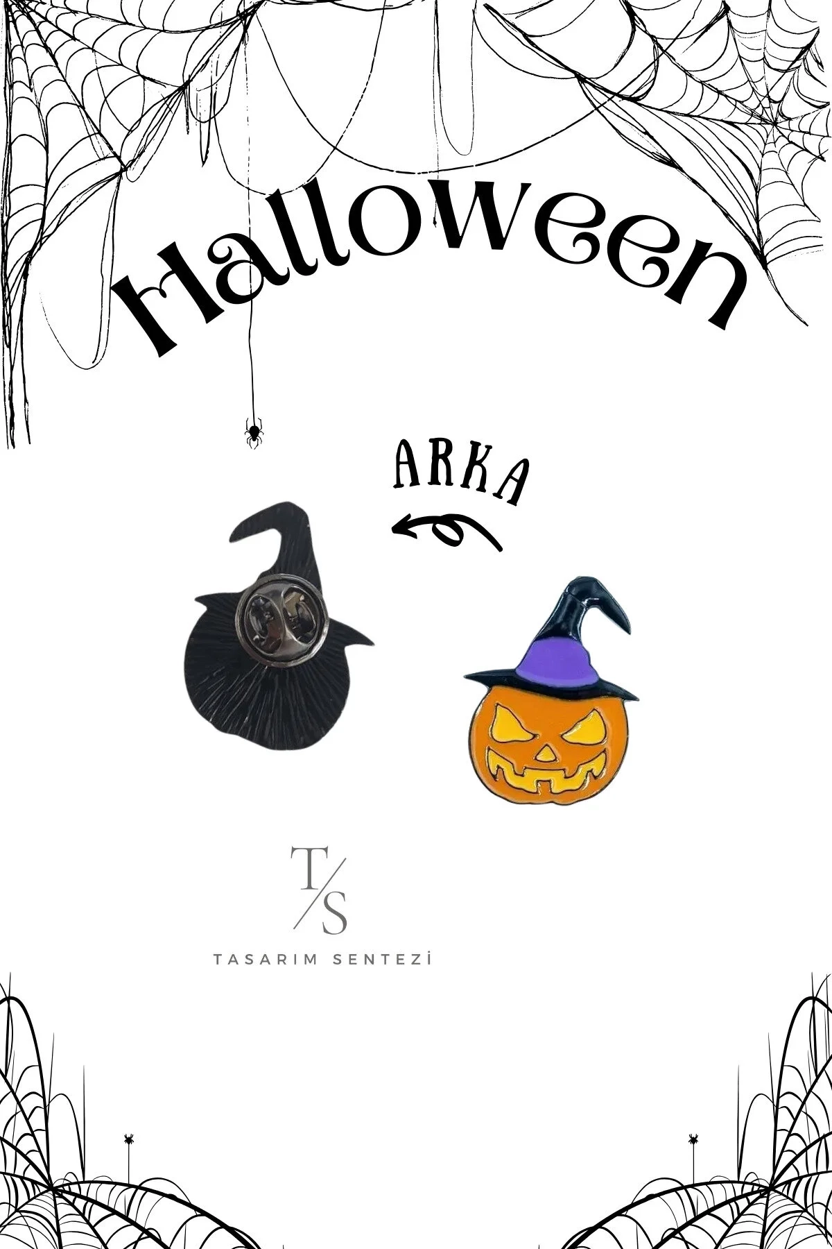2’li Halloween Cadılar Bayramı Balkabağı Rozet Örümcek Tül Turuncu Toka