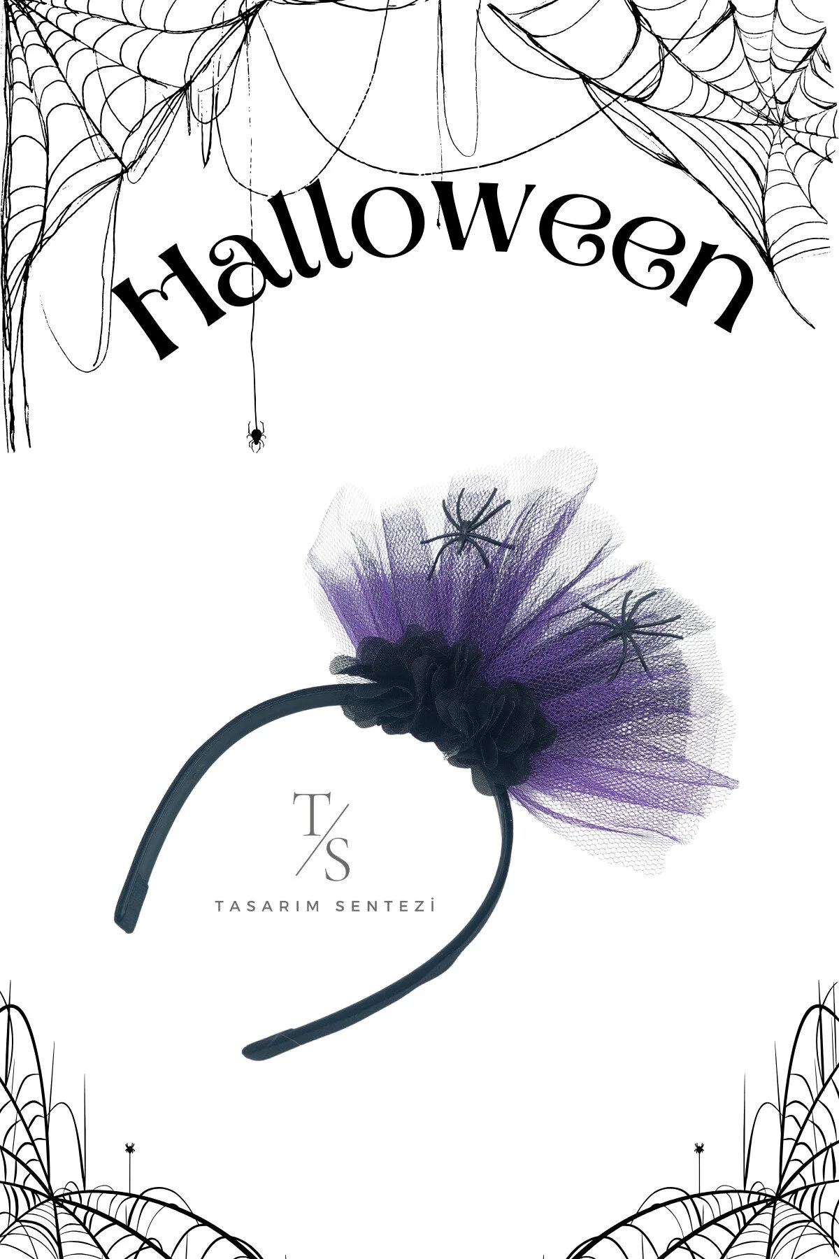 Halloween Cadilar Bayrami Siyah Mor Tül Böcekli Çiçekli Taç Parti