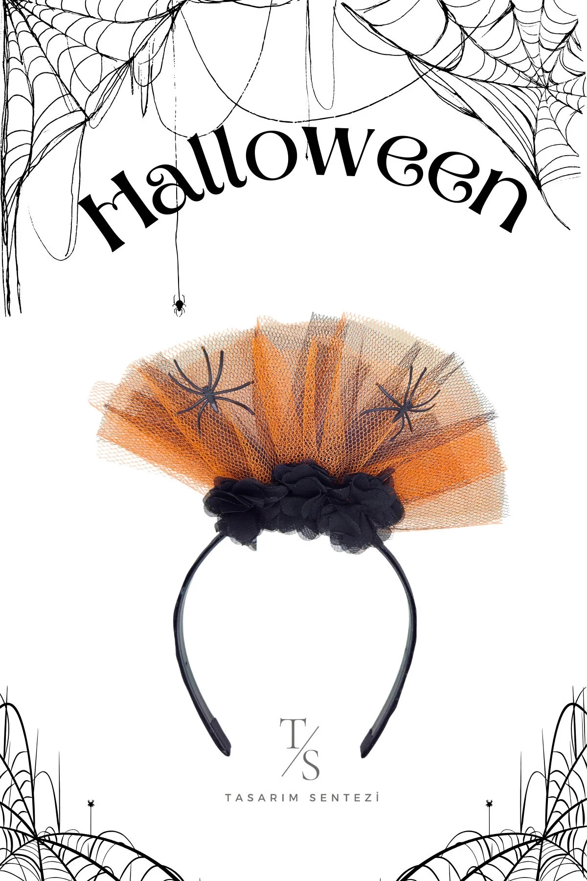 Halloween Cadilar Bayrami Siyah Turuncu Tül Böcekli Çiçekli Taç Parti
