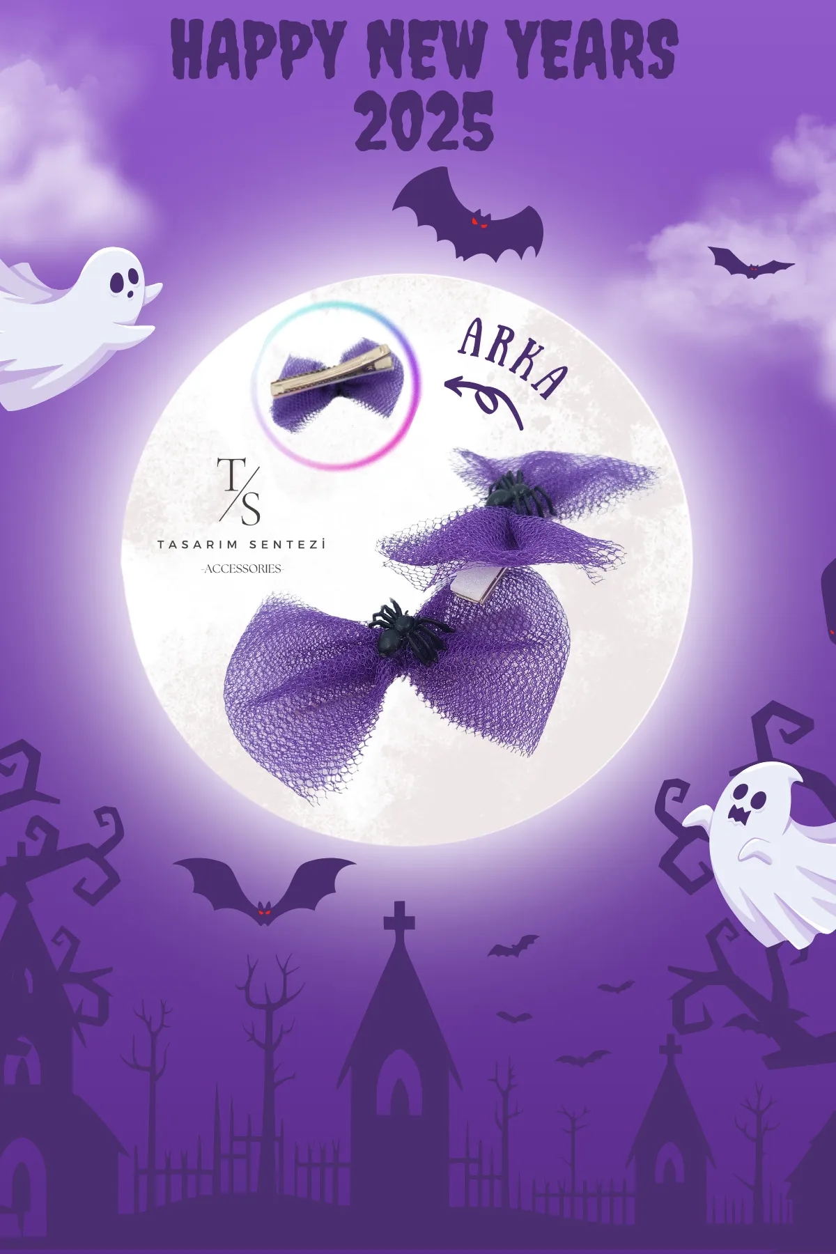 2’li Halloween Mor Tül Böcekli Parti Saç Tokası
