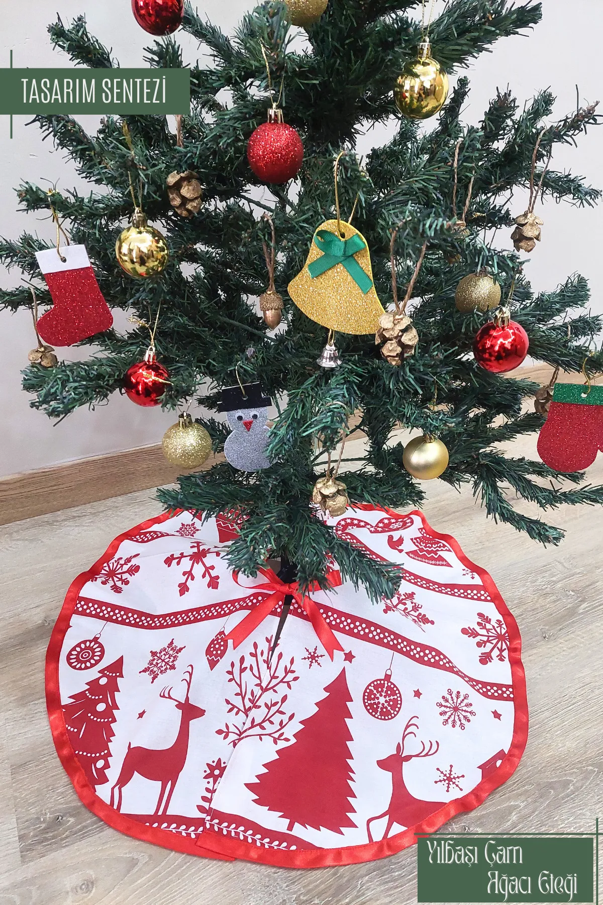 Yılbaşı Çam Ağacı Eteği Örtüsü Christmas Kırmızı Geyikli