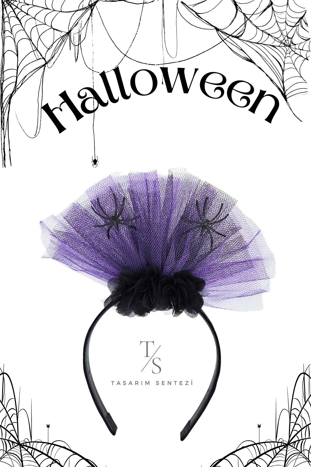 Halloween Cadilar Bayrami Siyah Mor Tül Böcekli Çiçekli Taç Parti