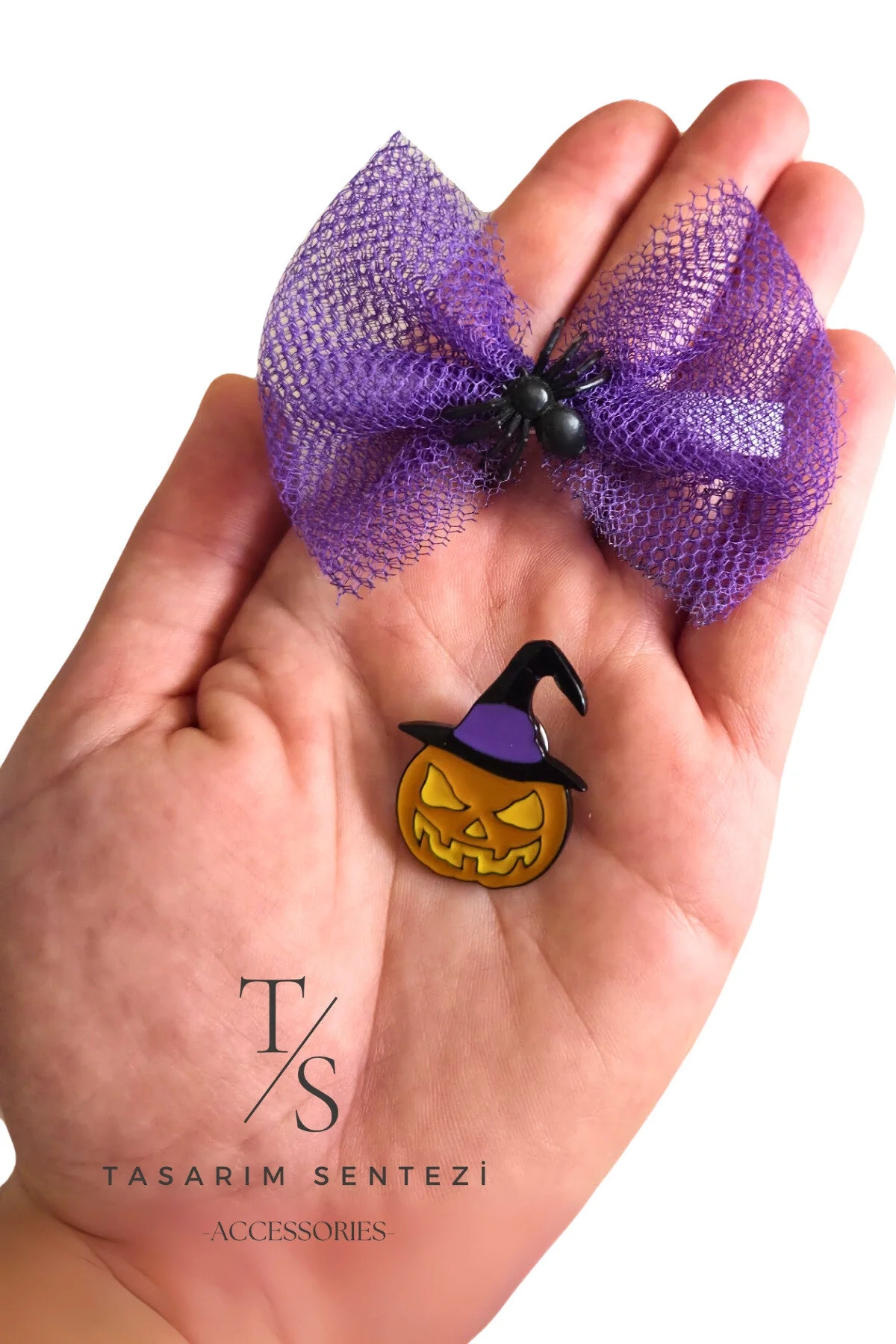 2’li Halloween Cadılar Bayramı Balkabağı Rozet Örümcek Tül Mor Toka