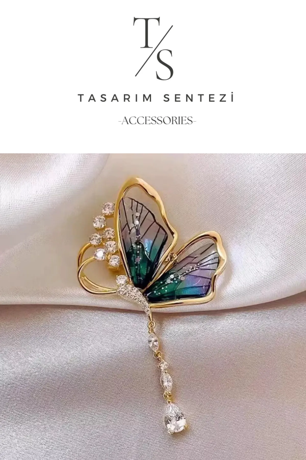 Broş Metal Kelebek Taşlı Zincirli 