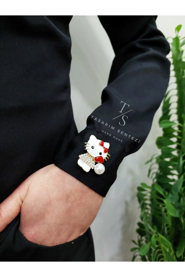 Brooch Metal Cat Ribbon Stone Pearl