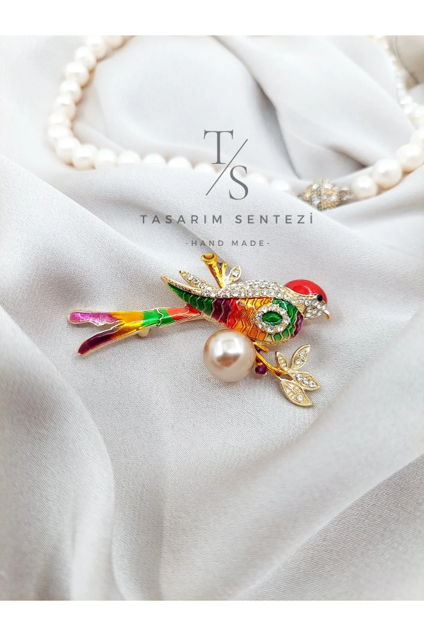 Brooch Metal Bird Canary Stone Pearl